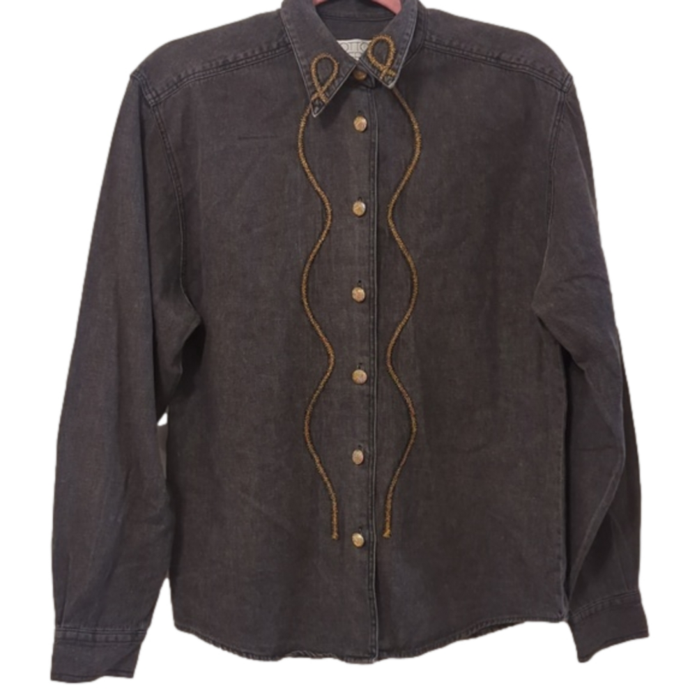 Otto Kern Embroidered Western Denim Shirt – Black & Gold – Designer
